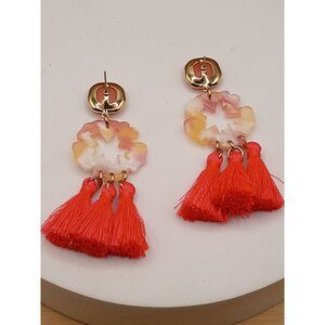 Multi Color Lucite Flower and Pink Cabochon with Pink Tassel Drop Earrings
